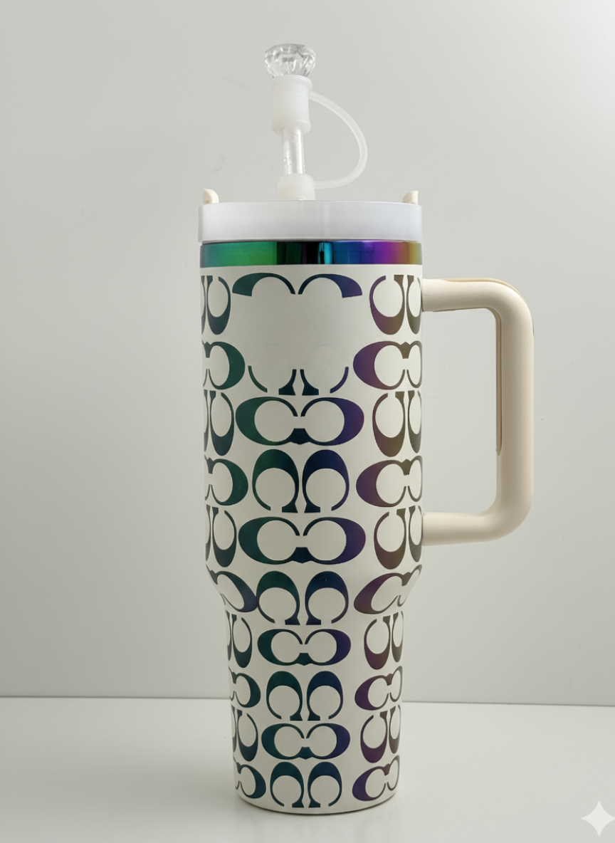 40oz Holographic Monogram Quencher Tumbler – White