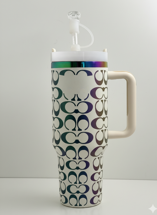 40oz Holographic Monogram Quencher Tumbler – White